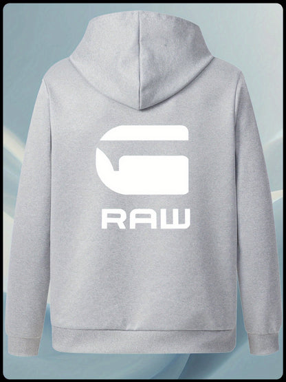 Men'S Casual Hooded Jacket with "RAW" Graphic Print - Light Gray Zip-Up Coat, Polyester Lining, Regular Fit, Front Pockets, Casual Outerwear | Trendy Casual Jacket | Polyester Lined Interior
