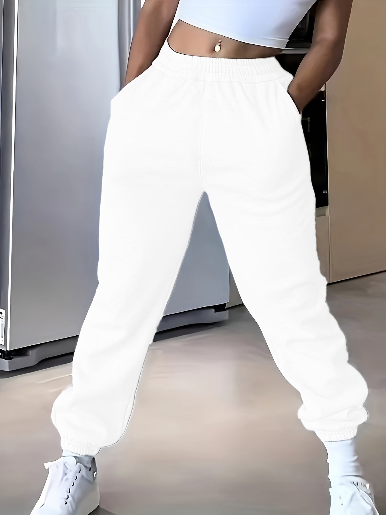 High-Waisted Elastic Jogger Pants for Women - 100% Polyester Casual Style Solid Color Trousers for Spring/Summer/Fall
