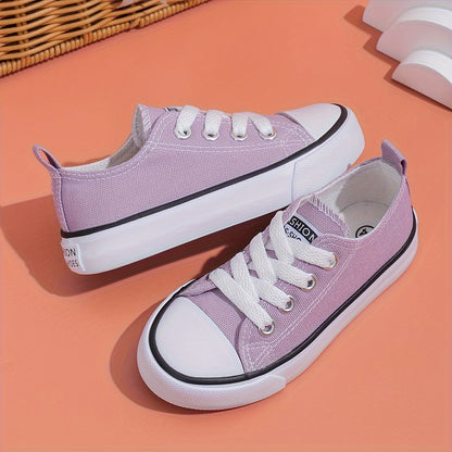 Kids' Breathable Low-Top Canvas Sneakers - Casual Lace-Up Shoes with Rubber Sole for Boys & Girls, Pink with White Detailing, Round Toe Design, Perfect for Casual Attire or Outdoor Activities