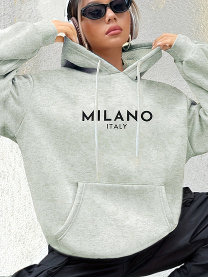 Milano Italy Polyester Hoodie for Women - 100% Knit Fabric, Alphabet Print, Casual Long Sleeve Sweatshirt with Pocket, Fashionable European Trip Inspired Hooded Sweatshirt, Spring/Summer/Fall Collection