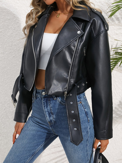 LY VAREY LIN Women's Chic Black Synthetic Leather Jacket - Casual Loose Fit with Belt Detail, Long Sleeve, Button-Up Front, Streetwear Style for Spring/Fall