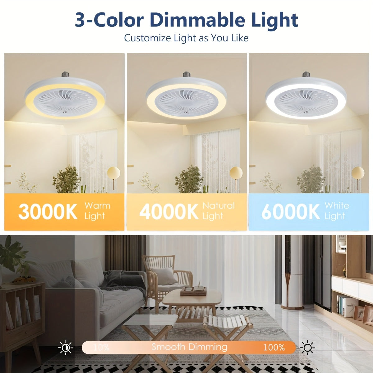 LED Smart Fan Light, Adjustable Wind Power & Infinitely Dimmable, Invisible No Blade, E27/E26 Recessed Installation with Remote Control, Modern Simple with Thin Ceiling Fan Light for Living Room, Bedroom, Dining Room, Storage