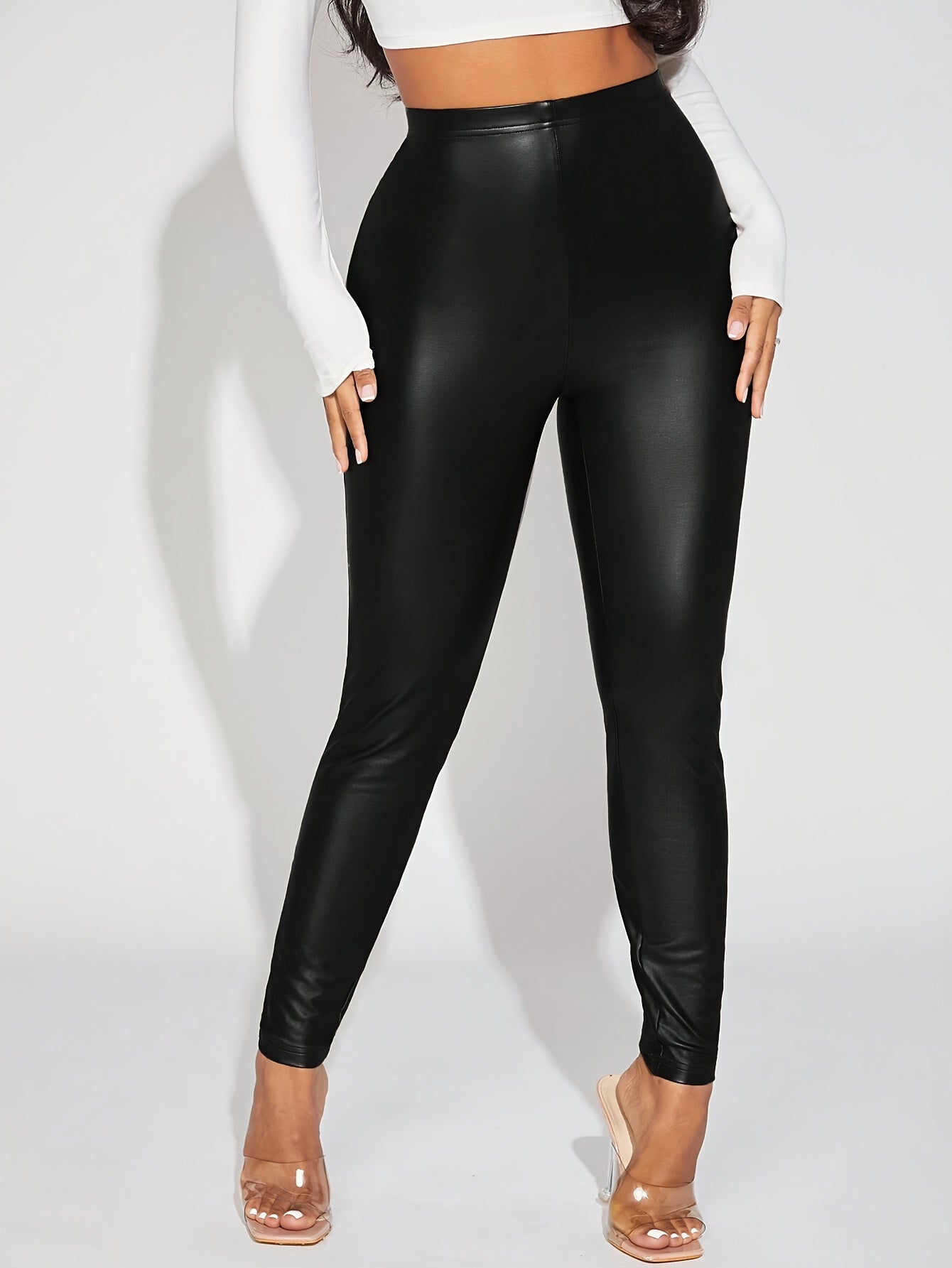 Women's Fashion Layered Slim-Fit Pants - Solid Black Stretchy Mid-Stretch Tummy Control Leggings for All-Season Wear, Casual & Formal Outfits, High Waist Pants, Versatile Outfit Leggings, Sleek Fitted Leggings, Medium Elastic