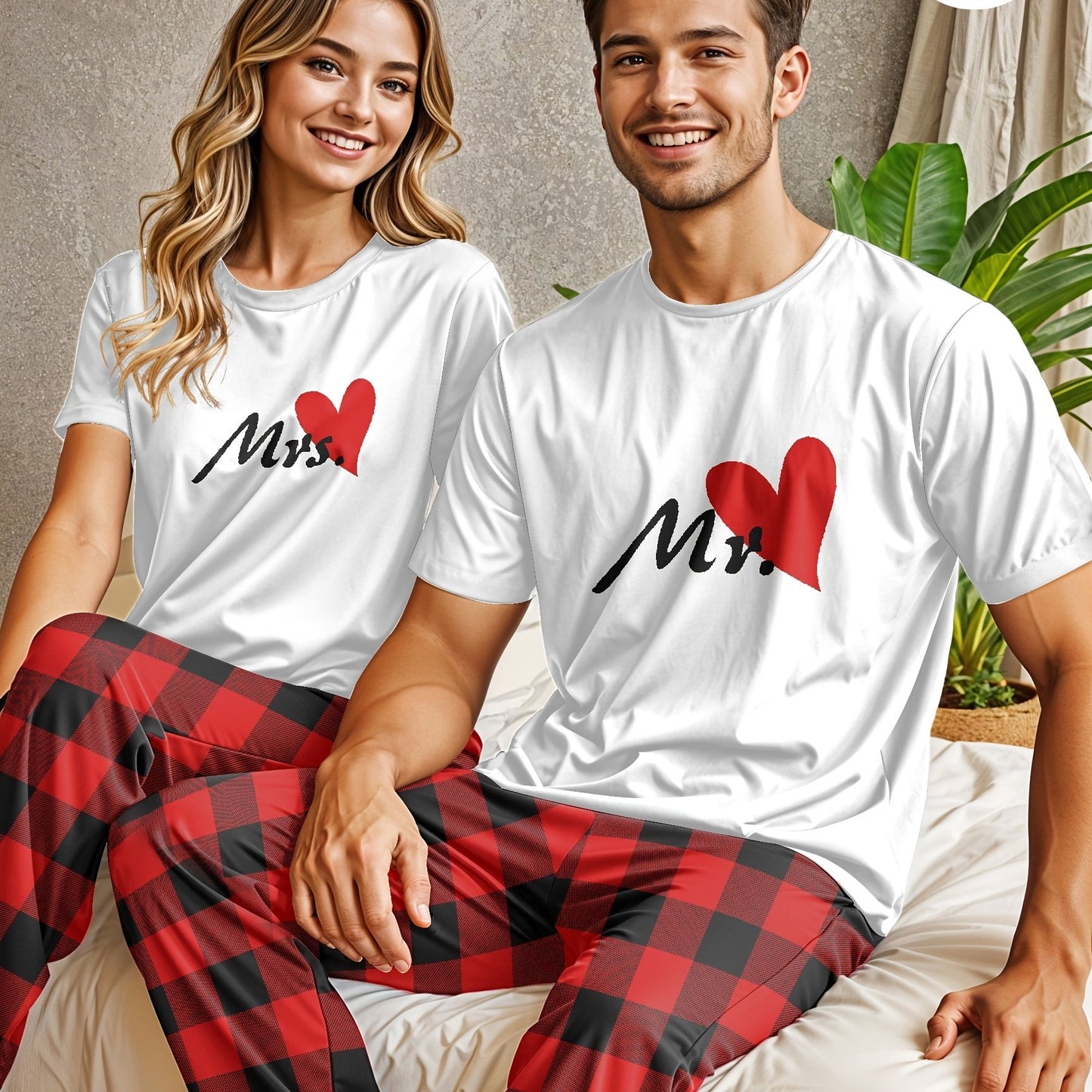 Men'S Polyester Crew Neck T-Shirt and Pants Set, Red Heart Print Tee with Red Checkered Pants, Medium Stretch Knit Fabric, Regular Fit, 97% Polyester 3% Elastane, Comfortable Home Wear
