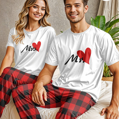 Men'S Polyester Crew Neck T-Shirt and Pants Set, Red Heart Print Tee with Red Checkered Pants, Medium Stretch Knit Fabric, Regular Fit, 97% Polyester 3% Elastane, Comfortable Home Wear