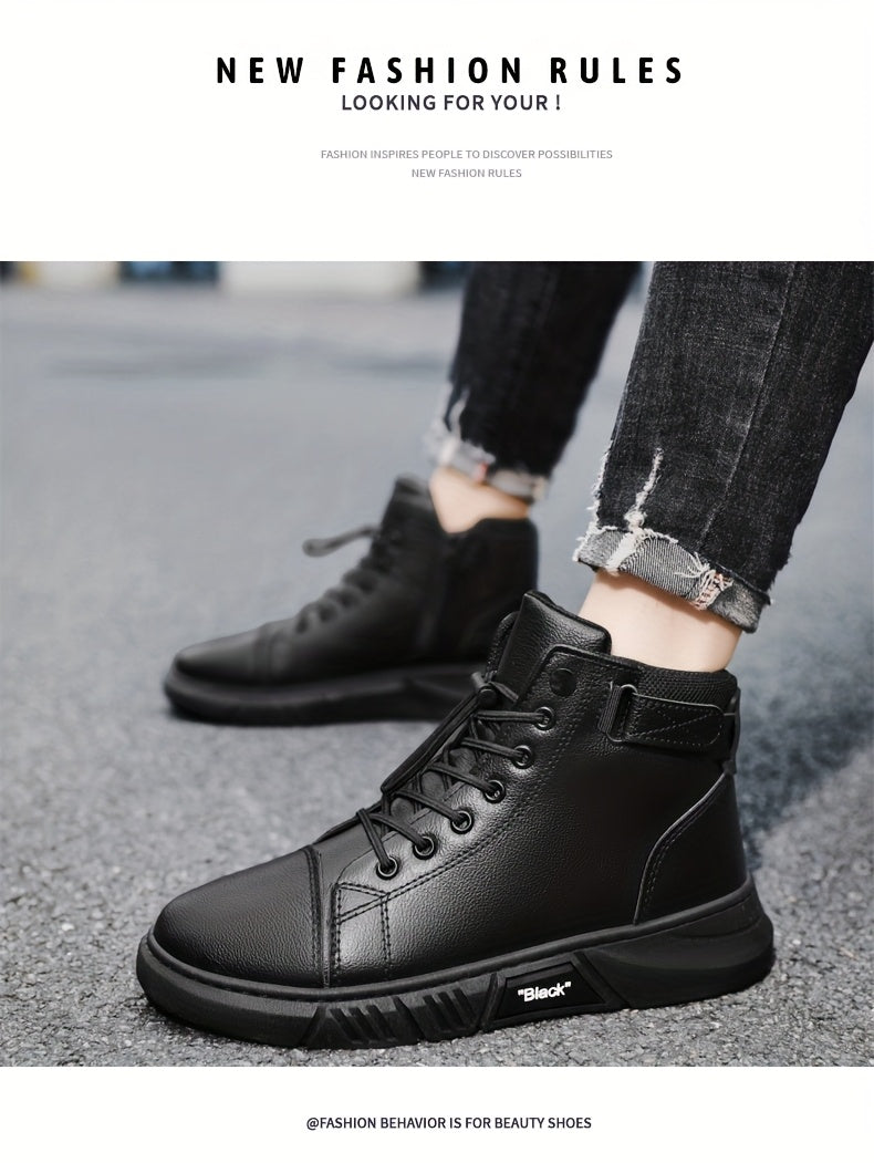Men'S High-Top Ankle Boots - Genuine Upper, Lace-Up Closure, Durable PVC Sole, All-Season Versatile for Hiking, Casual & Outdoor Wear - Modern Streetwear Design, Hiking Boots, Sleek Boot Design