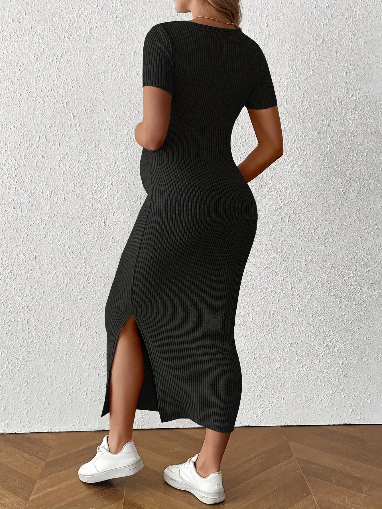 Maternity Bodycon Dress - Square Neck Short Sleeve Ruched Hem Stretchy Knit Pregnancy Dress for Women, Breathable Summer Casual Wear, Machine Washable Solid Color Regular Fit, Maternity Dresses, Comfortable Pregnancy Outfit,
