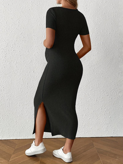 Maternity Bodycon Dress - Square Neck Short Sleeve Ruched Hem Stretchy Knit Pregnancy Dress for Women, Breathable Summer Casual Wear, Machine Washable Solid Color Regular Fit, Maternity Dresses, Comfortable Pregnancy Outfit,