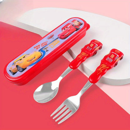 3pcs/set Cars Lightning McQueen Stainless Steel Fork And Spoon Set with Box, Portable Reusable Tableware, Kawaii Home And Outdoor School Supplies, Camping Accessories Christmas Birthday Gift