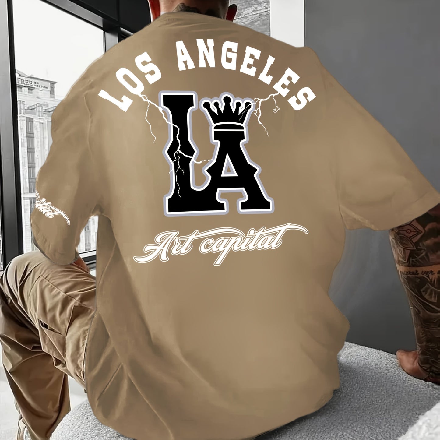 Men's Casual LA Graphic T-Shirt - Breathable Stretch Fabric, Oversized Fit with Crown & Script Lettering, Beige Summer Tee for Outdoor Activities & Casual Attire, Machine Washable, Leisure Clothing, Citythemed Apparel
