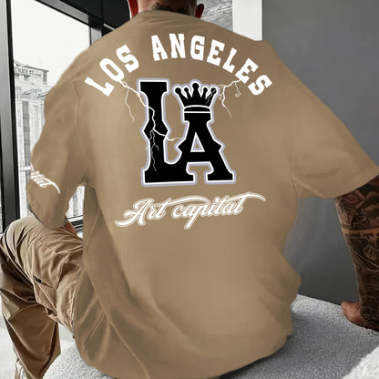 Men's Casual LA Graphic T-Shirt - Breathable Stretch Fabric, Oversized Fit with Crown & Script Lettering, Beige Summer Tee for Outdoor Activities & Casual Attire, Machine Washable, Leisure Clothing, Citythemed Apparel