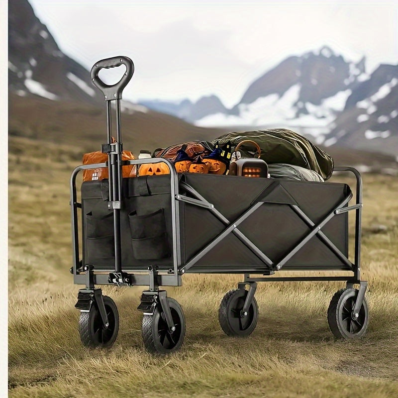 One piece Foldable camper with wheels, garden cart, multi-purpose heavy-duty four-wheeler for sports, gardening, camping and shopping, heavy duty, large capacity, black