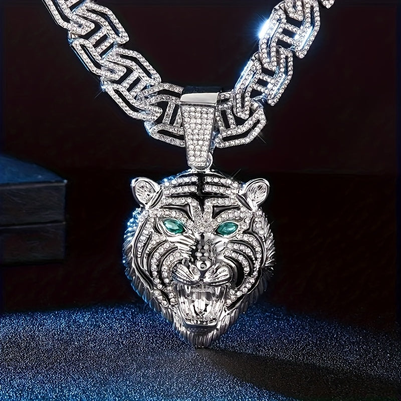 1pc Domineering Green Eyed Tiger Head Shaped Pendant, Paired with a 50.8 cm Rhinestone Cuban Necklace, Suitable for Daily Wear And Gift Giving for Men And Women