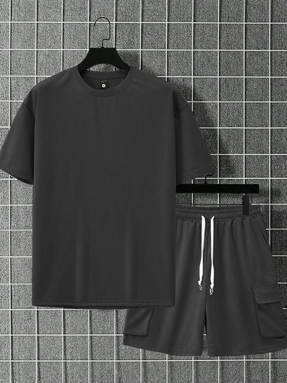 New Loose-Fitting Breathable Men'S Round Neck Short-Sleeved T-Shirt And Workwear Style Multi-Pocket Shorts Set Summer Leisure Sports Two-Piece Suit, Fashionable Sports Casual Versatile Tops And Pants for Men And Women