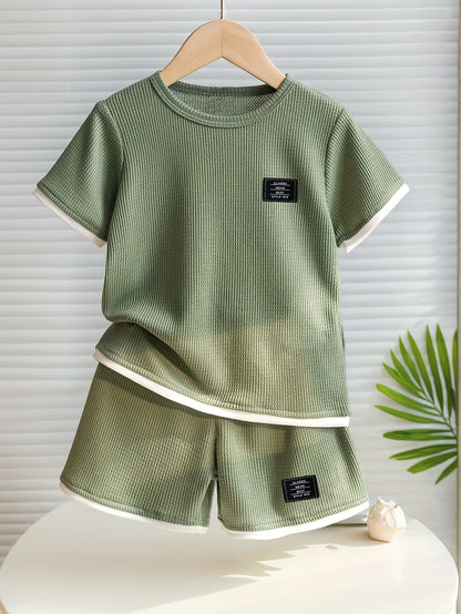 Summer Boys' Fashion Waffle Shorts Set - Classic Wear Best Style 1979 Kids Cute Short Sleeve T-Shirt & Shorts Casual Outfit TH004, Perfect for Outdoor