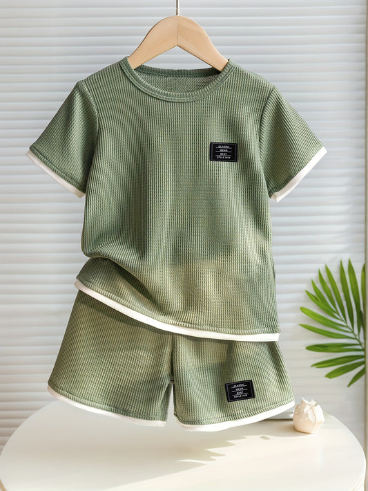 Summer Boys' Fashion Waffle Shorts Set - Classic Wear Best Style 1979 Kids Cute Short Sleeve T-Shirt & Shorts Casual Outfit TH004, Perfect for Outdoor