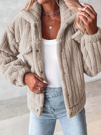 Women's Casual Teddy Jacket with Faux Pockets - Cozy Polyester, Machine Washable, Solid Color for Fall/Winter
