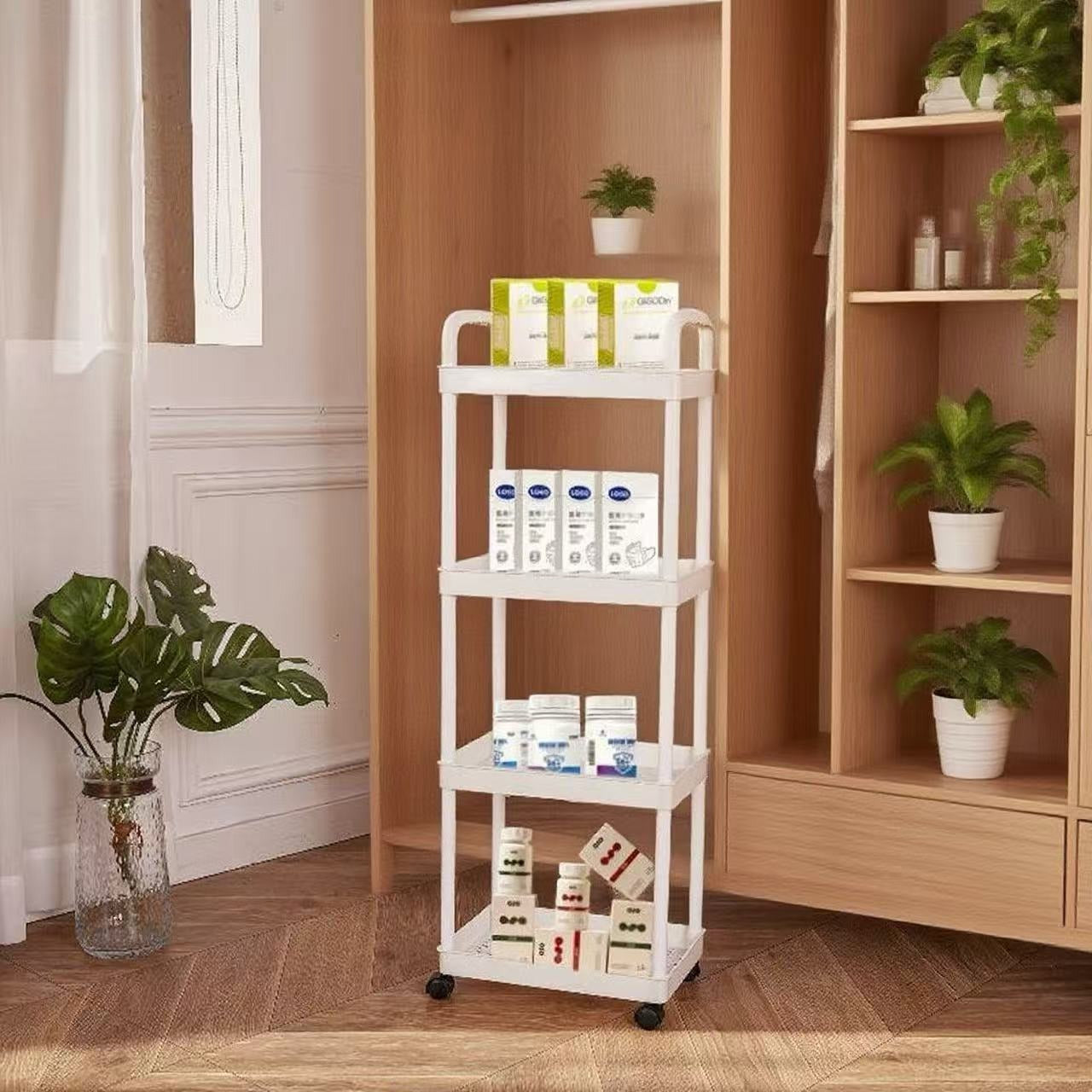 4/3/5-Tier Rolling Cosmetic Organizer - Durable Plastic Material, 360° Swivel Wheels, High Load Capacity for Bathroom, Bedroom, Kitchen & Home Organization | Black or White Options | Multifunctional Storage Cart with Side Ha