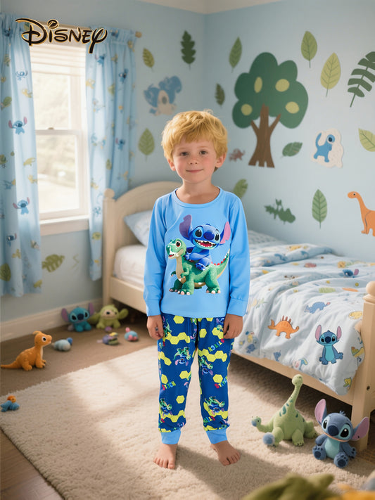 Disney Stitch Print Long Sleeve and Pants Set, Comfortable Flame-Retardant Polyester - Spring/Summer New Stylish Boys' Loungewear - Round Neck, Stretch Fabric, Perfect Birthday Gift, Light Beige-Friendly Kids' Home Outfit