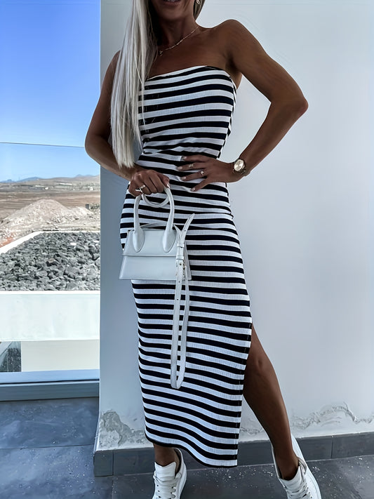 Women's Black & White Striped Strapless Bodycon Dress with Side Slit - Stretchy Midi Dress for Parties, Vacations & Casual Outings - Machine Washable Elegant Partywear, Medium Elasticity