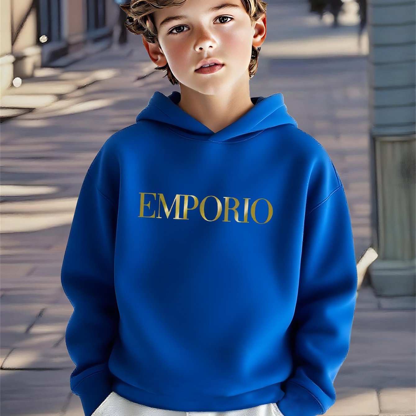 Boys' Cozy Soft Hoodie with "EMPORIO" Print - Navy Blue Casual Long Sleeve Pullover for Fall/Winter, Comfortable Outdoor Sportswear, Hoodie for Winter, Autumn Clothing, Stylish Pullover, Soft Fabric Hoodie