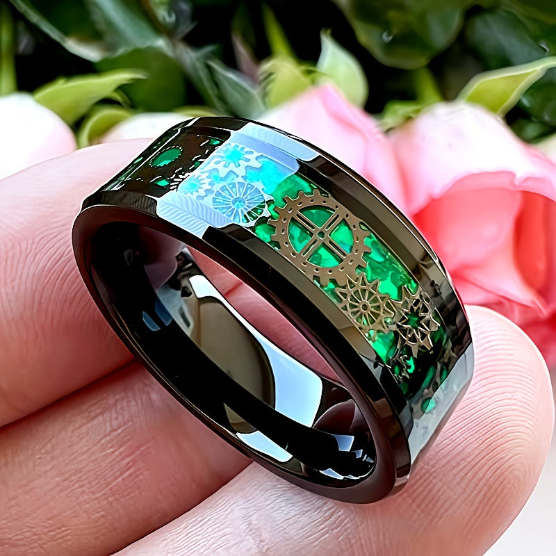 8mm Black Green Carbon Fiber Steam Punk Gear Inlaid Stainless Steel Ring for Men and Women'S Wedding Rings, Beveled Polishing, Comfortable Fit
