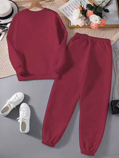 Targeted Autumn and Winter Fashion Print Two-Piece Set, Casual Long-Sleeve Fleece Pullover and Drawstring Jogger Pants Outfit for Women