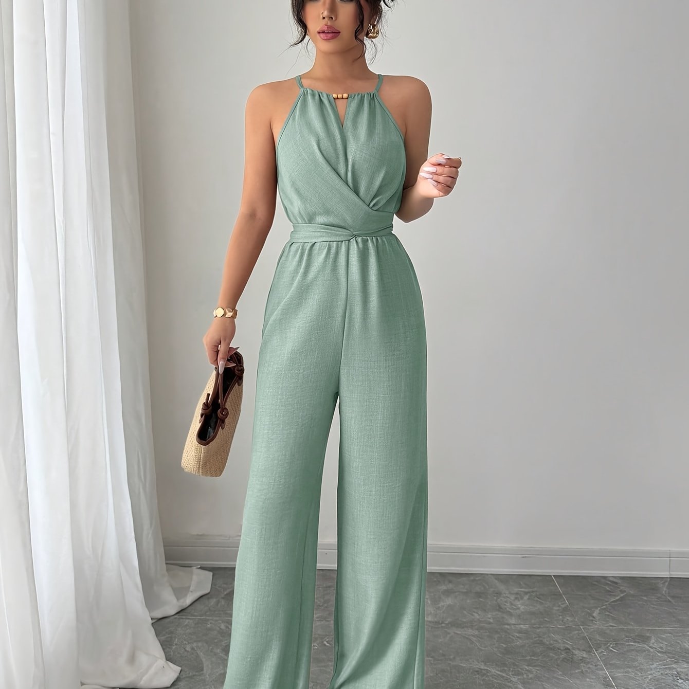 Women'S Elegant Off-Shoulder Twist Front Jumpsuit - Beige Wide-Leg Jumpsuit with Adjustable Waist Tie, Perfect for Spring & Summer Casual or Dressy Outfits, Casual Chic Wear | Offshoulder Fashion | Polyester Fabric