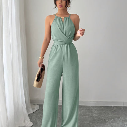 Women'S Elegant Off-Shoulder Twist Front Jumpsuit - Beige Wide-Leg Jumpsuit with Adjustable Waist Tie, Perfect for Spring & Summer Casual or Dressy Outfits, Casual Chic Wear | Offshoulder Fashion | Polyester Fabric