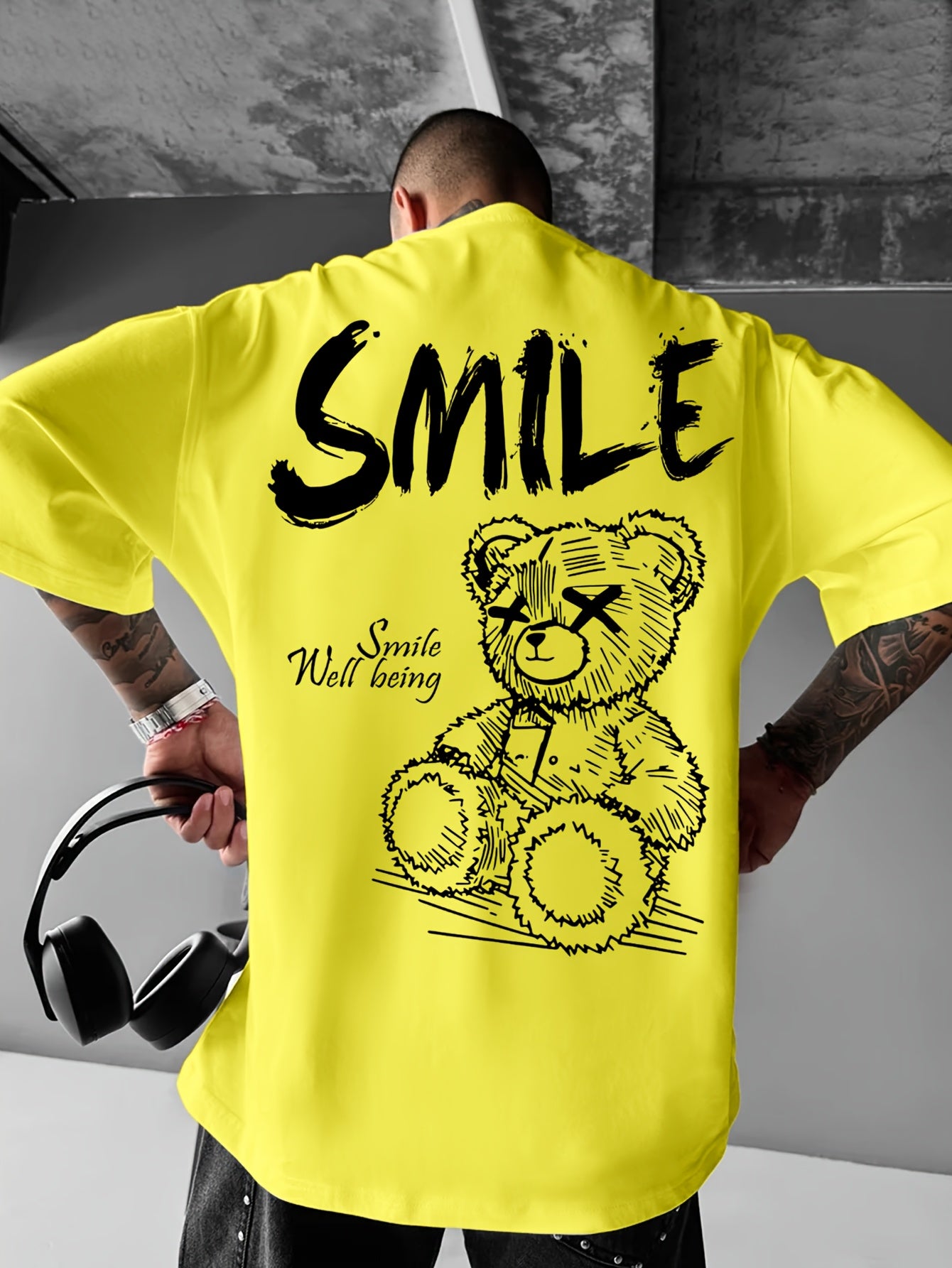 Men'S Bright Yellow Graphic T-Shirt - Loose Fit Streetwear Tee with Smile Design, Round Neck Summer Shirt for Everyday & Formal Outfits - Lightweight Casual Top, Street Style, Bold Print, Comfortable Material, Printed Shirt,