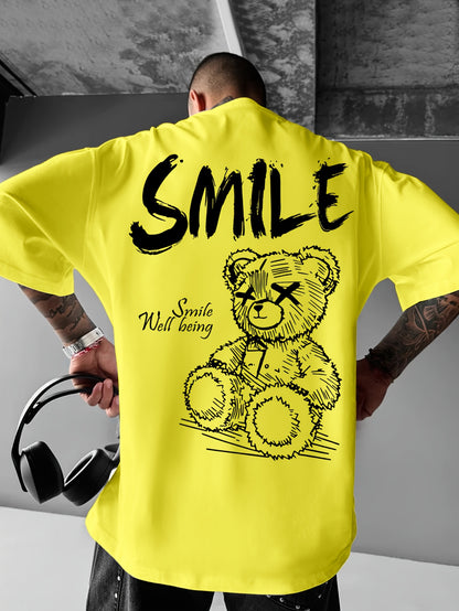 Men'S Bright Yellow Graphic T-Shirt - Loose Fit Streetwear Tee with Smile Design, Round Neck Summer Shirt for Everyday & Formal Outfits - Lightweight Casual Top, Street Style, Bold Print, Comfortable Material, Printed Shirt,
