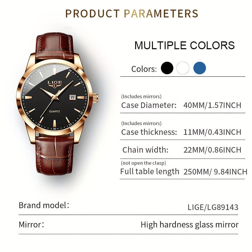 LIGE Fashion New Quartz Watch Multi Functional Glow Watch Single Calendar Three Needle Simple Band Watch men&women's Business Watch, Suitable for Women&women