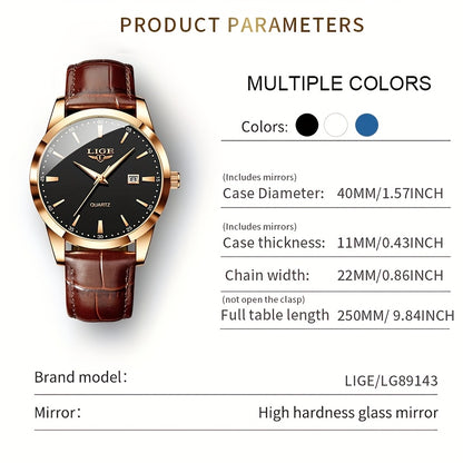 LIGE Fashion New Quartz Watch Multi Functional Glow Watch Single Calendar Three Needle Simple Band Watch men&women's Business Watch, Suitable for Women&women
