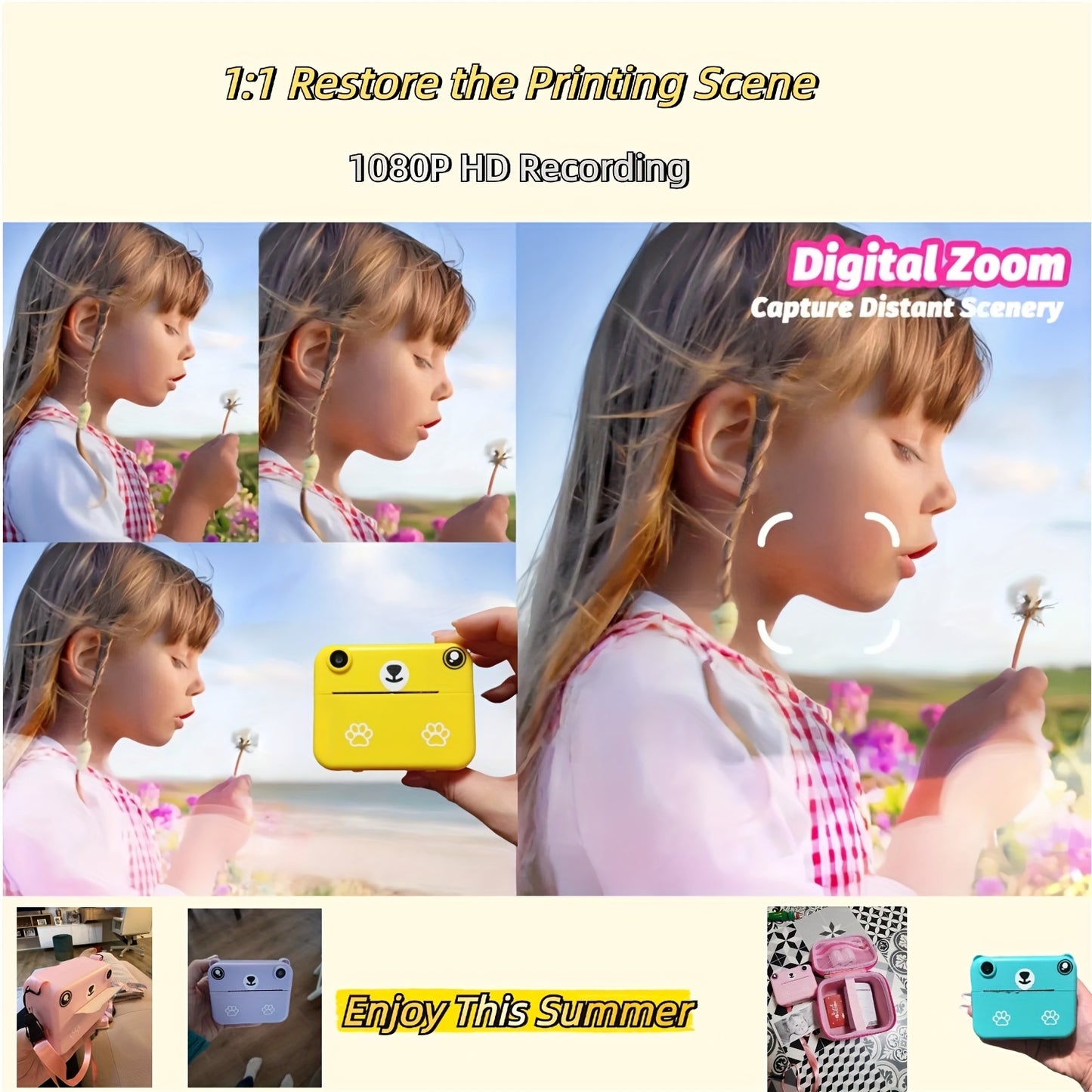 Mini Thermal Portable Instant Printing Camera for Kids, 3/5/10S Delayed Photography with USB Charger 1500mAh Battery And Three Rolls Printing Paper
