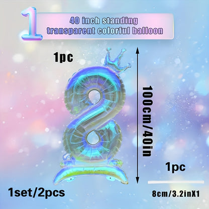 2pcs, 1pc 101.6cm transparent large digital balloon with crown and base + 1 straw, aluminum foil material, suitable for birthday party decoration, photo props, anniversary celebrations, Valentine's Day, New Year celebrations,