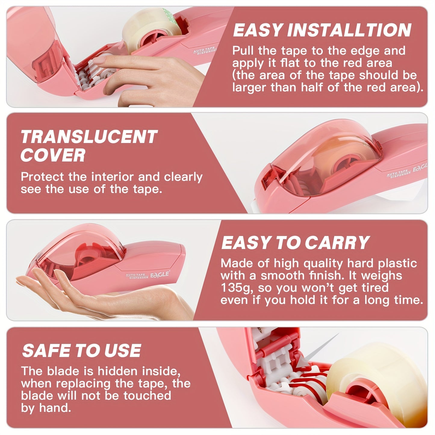 Eagle Automatic Tape Dispenser with One Roll Included, Handheld Packaging and Gift Wrapping Tape Cutter, Major Material ABS, Fits 1/2''-3/4'' Tape Width, Easy One-Handed Operation, No Batteries Required - Ideal for Scrapbooki