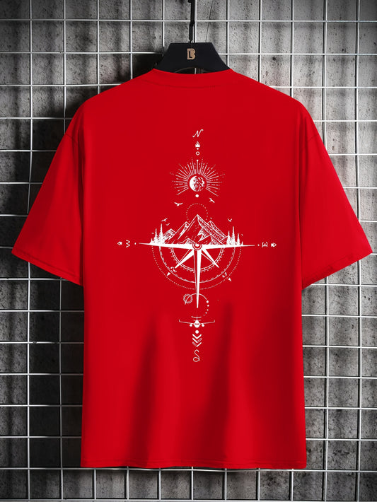 Men's Casual Compass Print T-Shirt - Breathable Polyester, Crew Neck, Short Sleeve - Perfect for Summer