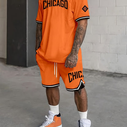 Sports Print Men's 2pcs Fashion Casual Suit, Round Neck Short Sleeve T-shirt and Waistband Shorts Set, Suitable for Spring and Summer, Men's Print Clothing