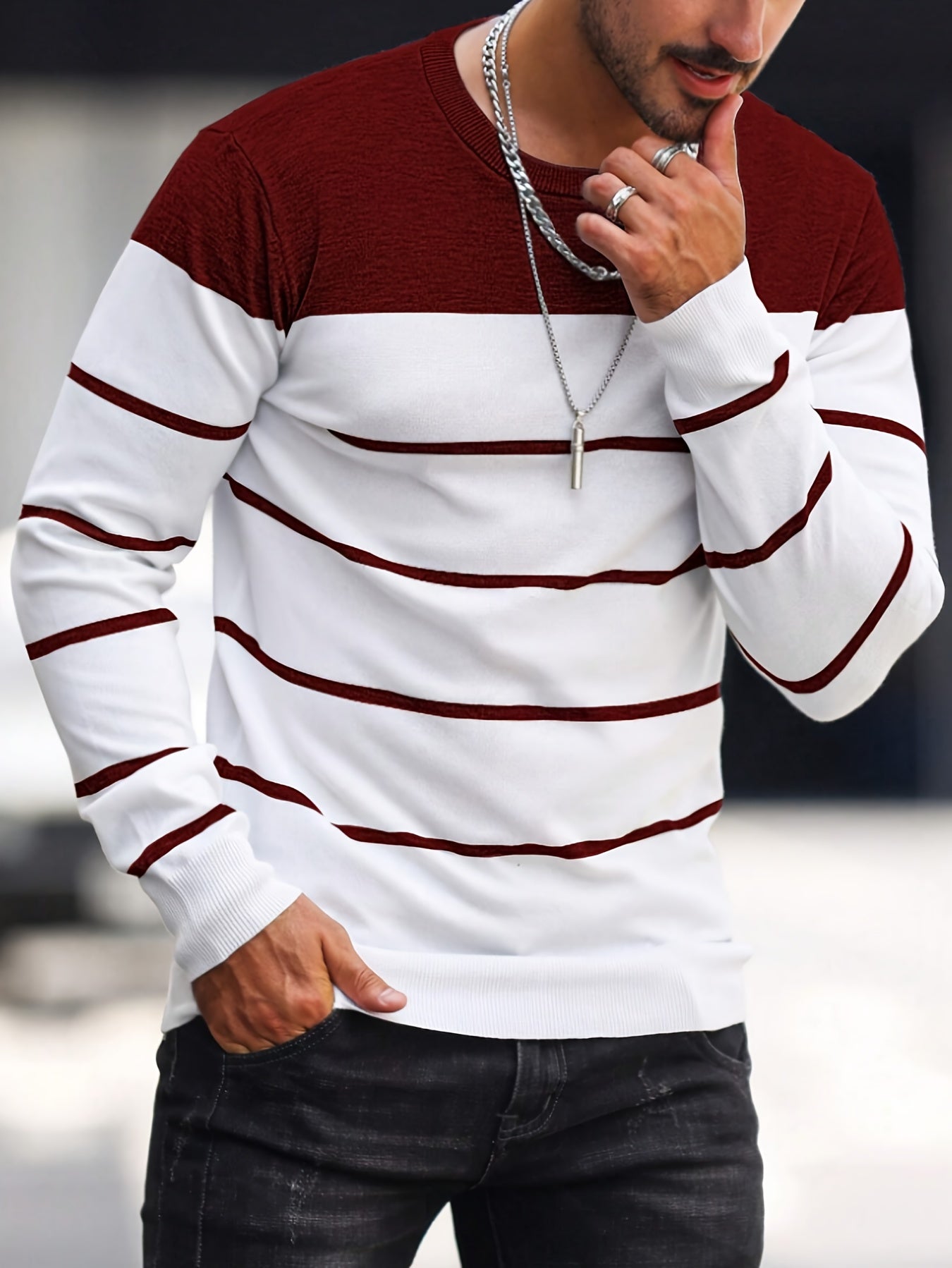 Men's Casual Striped Knit Pullover Sweater - Navy & White Contrast, Regular Fit H-Silhouette, Long Sleeve Crew Neck, Medium Stretch, Machine Washable for Spring & Fall, Mediumstretch Fabric