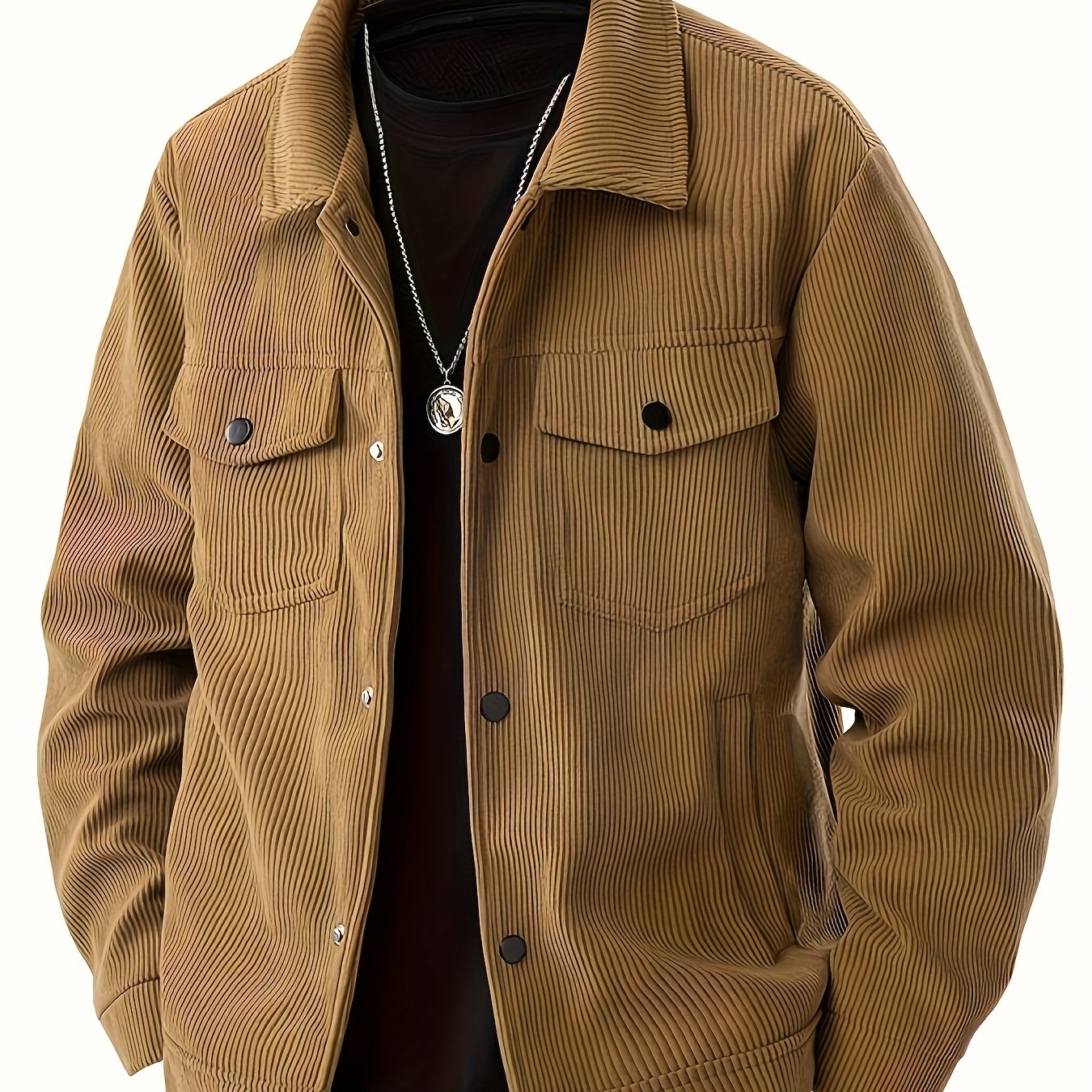 Men'S Plus Size Corduroy Bomber Jacket - Casual Workwear with Snap Buttons, Flap Pockets, and Polyester Lining - Machine Washable, Autumn & Spring Fashion, Casual Outerwear | Casual Jacket | Polyester Lining Jacket