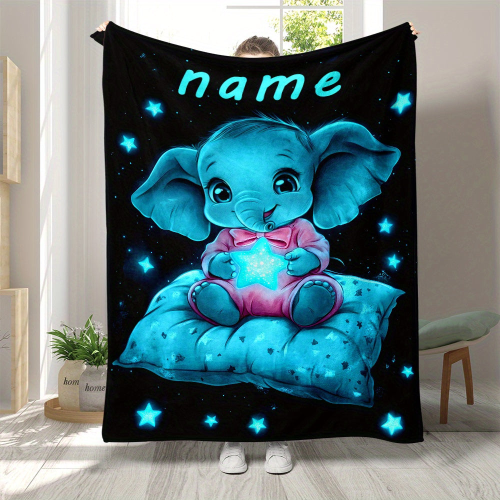 [Whimsical Charm] Personalized Name Starry Night Elephant Blanket – Soft Flannel, Lightweight & Warm – Cute Youngsters Elephant Design with Glowing Stars – Perfect for Sofa, Bed, Travel, Camping, and Gifting – 80.01x1