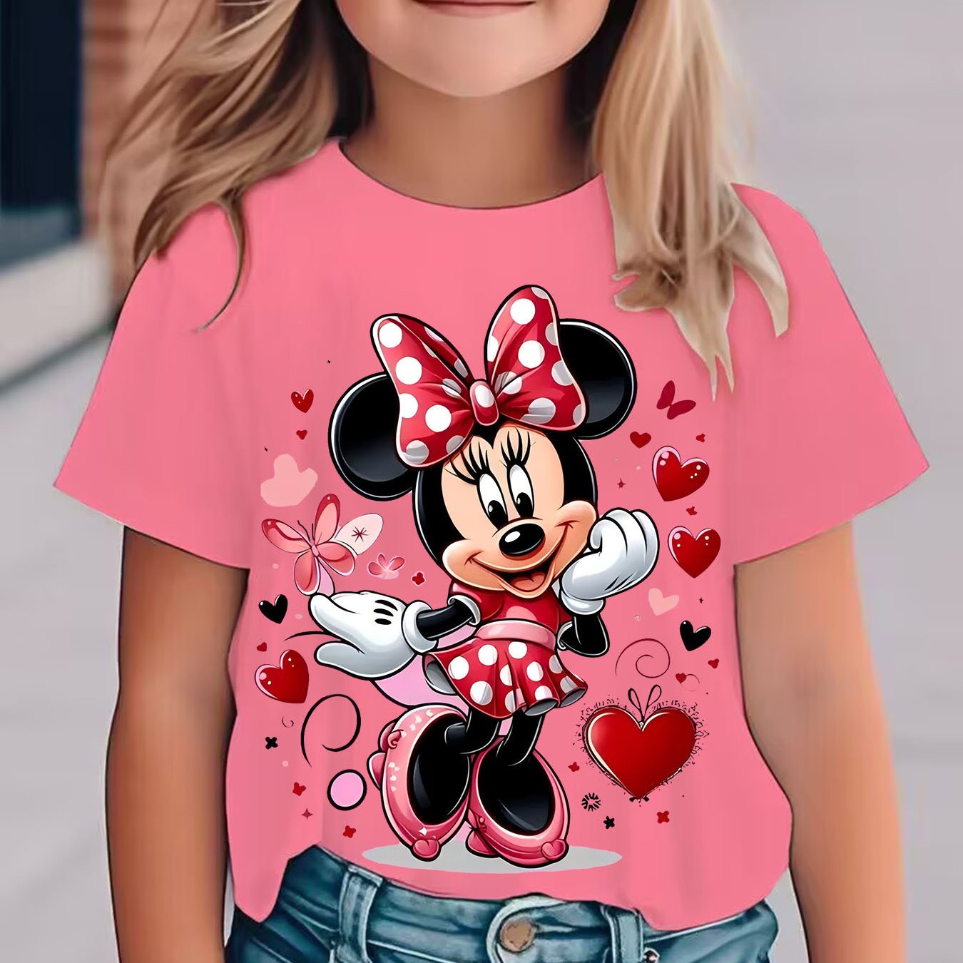 New Arrival - Cute Girl in Glasses Graphic Tee for Kids, Vibrant Yellow Cartoon T-Shirt with Minnie Mouse Design, Short Sleeve, Round Neck, Casual & Comfortable for Summer, Fall, Spring, Everyday Holiday Top|Playful Design|Co