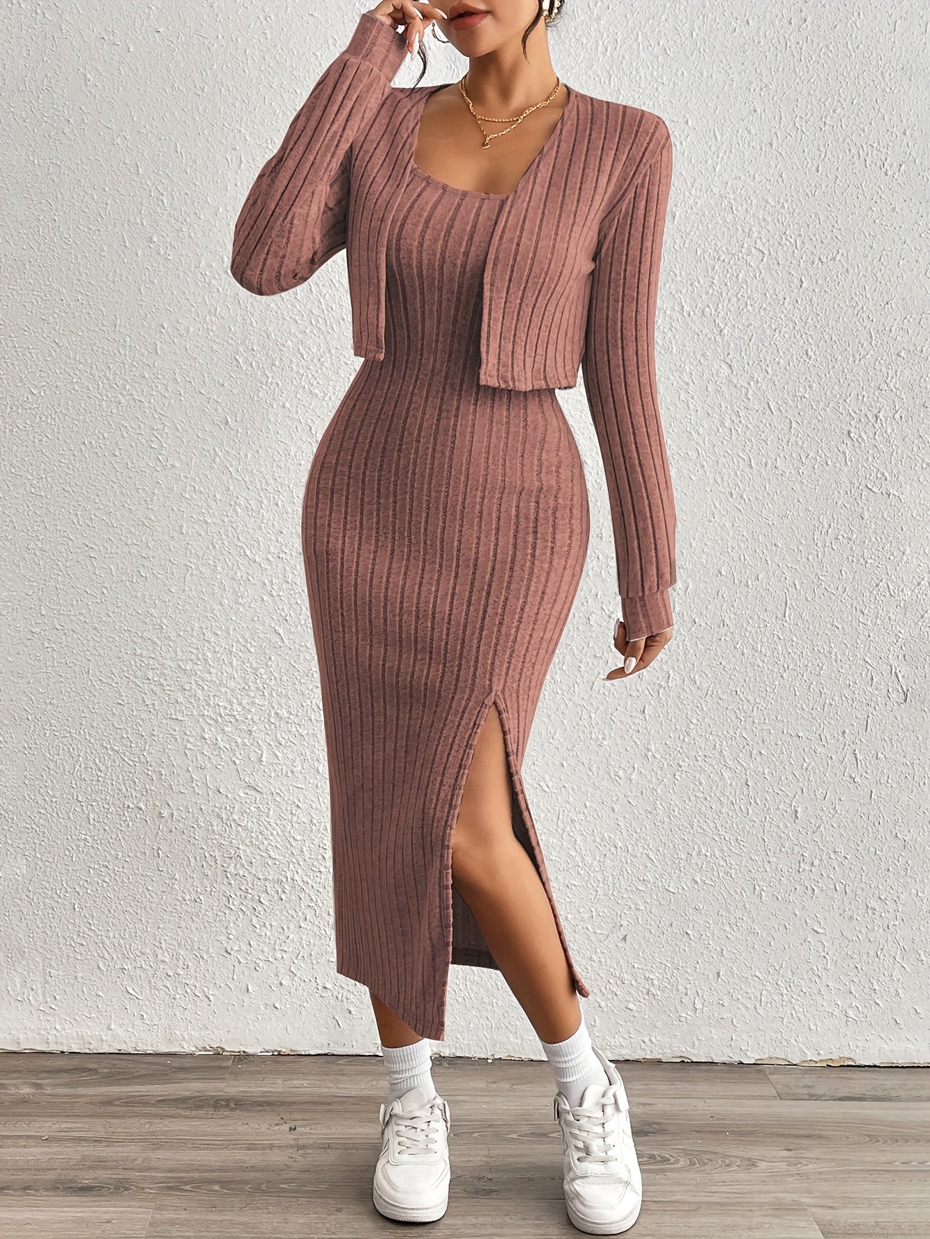 Simple y Fleece Two-Piece Dress and Jacket Set