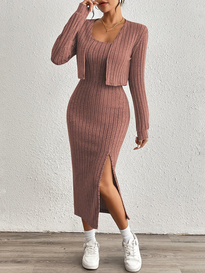 Simple y Fleece Two-Piece Dress and Jacket Set
