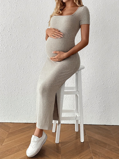 Maternity Bodycon Dress - Square Neck Short Sleeve Ruched Hem Stretchy Knit Pregnancy Dress for Women, Breathable Summer Casual Wear, Machine Washable Solid Color Regular Fit, Maternity Dresses, Comfortable Pregnancy Outfit,