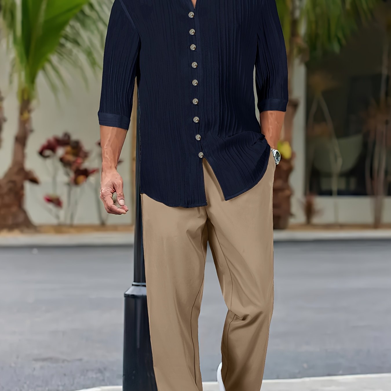 2025 New European and American Men's Summer Casual Wave Pattern Vacation Style Round Neck Short Sleeve and Long Pants Two-Piece Set
