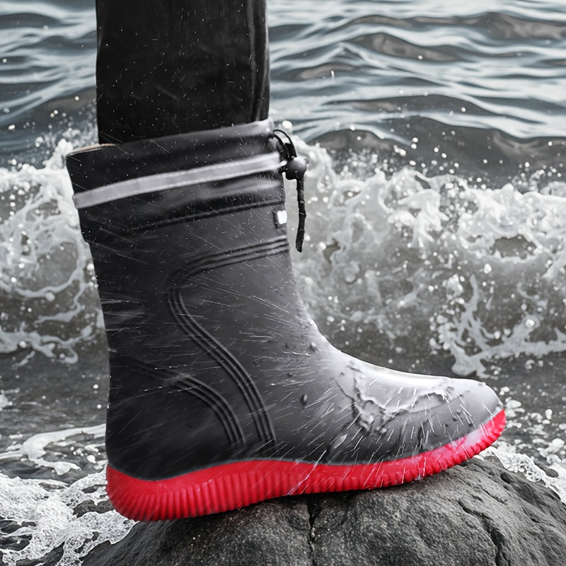 Men'S & Women'S Stylish Black Rain Boots with White Stripes - Waterproof, Slip-On, Round Toe Rain Boots for Outdoor Activities, Camping, and Beach Walking, Outdoor Footwear|Minimalist Design|PVC Upper Boots