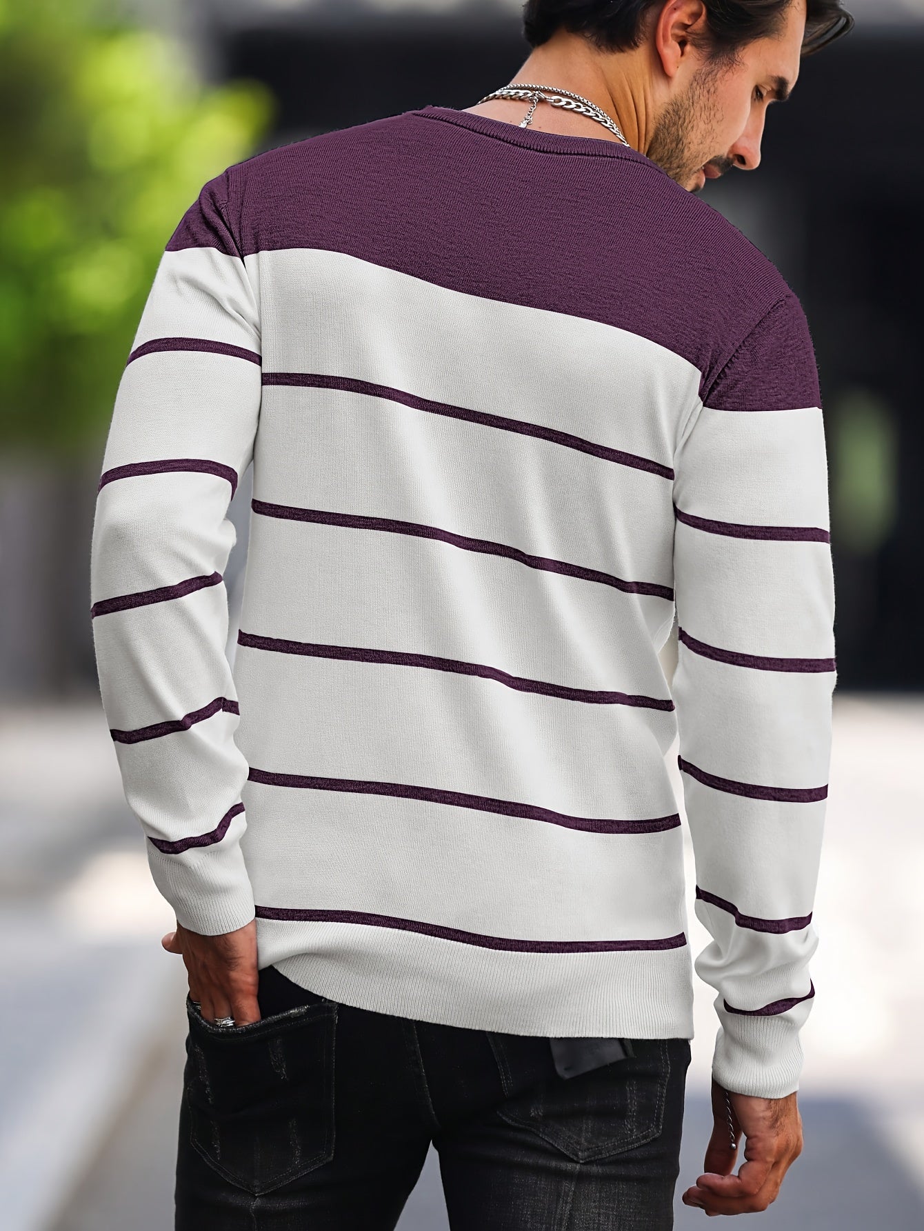 Men's Casual Striped Knit Pullover Sweater - Navy & White Contrast, Regular Fit H-Silhouette, Long Sleeve Crew Neck, Medium Stretch, Machine Washable for Spring & Fall, Mediumstretch Fabric