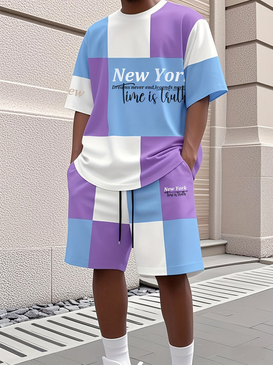 A fashionable Men's short-sleeved suit, a two-piece set of trendy patchwork color pattern round-neck T-shirt and drawstring shorts, with comfortable and breathable fabric suitable for summer