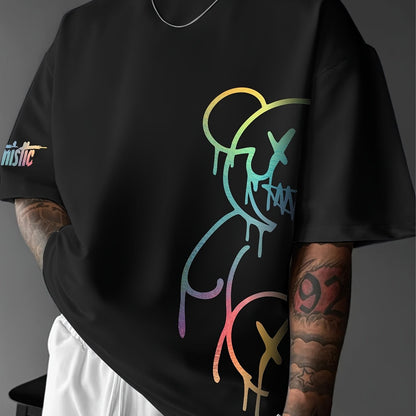Men'S Casual Street Style Graphic T-Shirt - White with Black Abstract Design, Loose Fit, Short Sleeve, Round Neck, Summer Streetwear, Streetwear Tshirt | Street Style Shirt | Slight Stretch Fabric